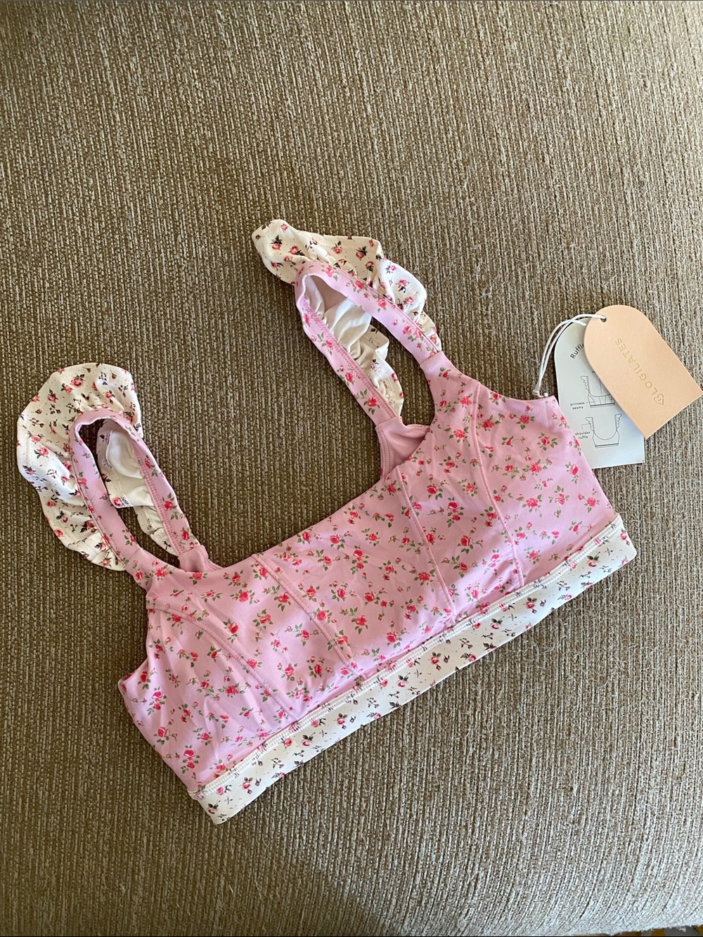 🌼 NWT Pink Floral Ruffle-Trim Bikini Top corset style Logilates brand